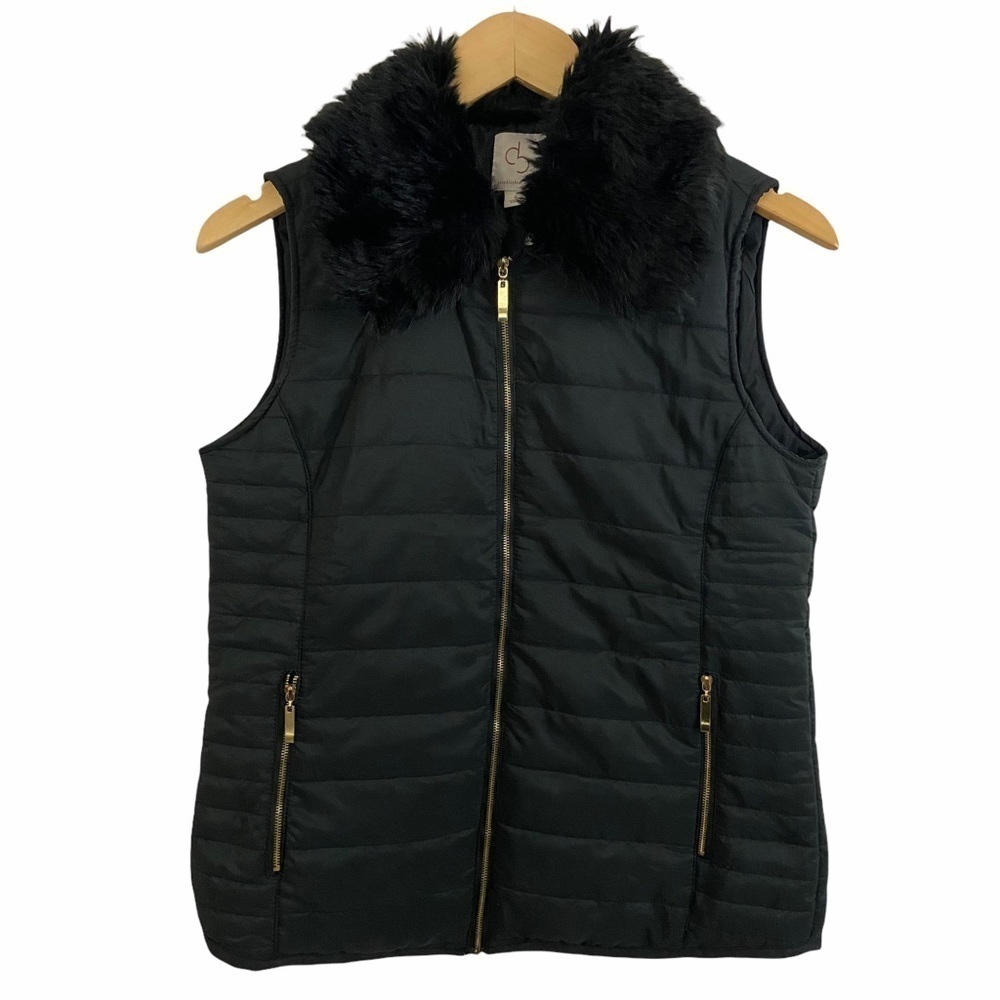 CB Black Quilted Light Puff Faux Fur Vest Sz S